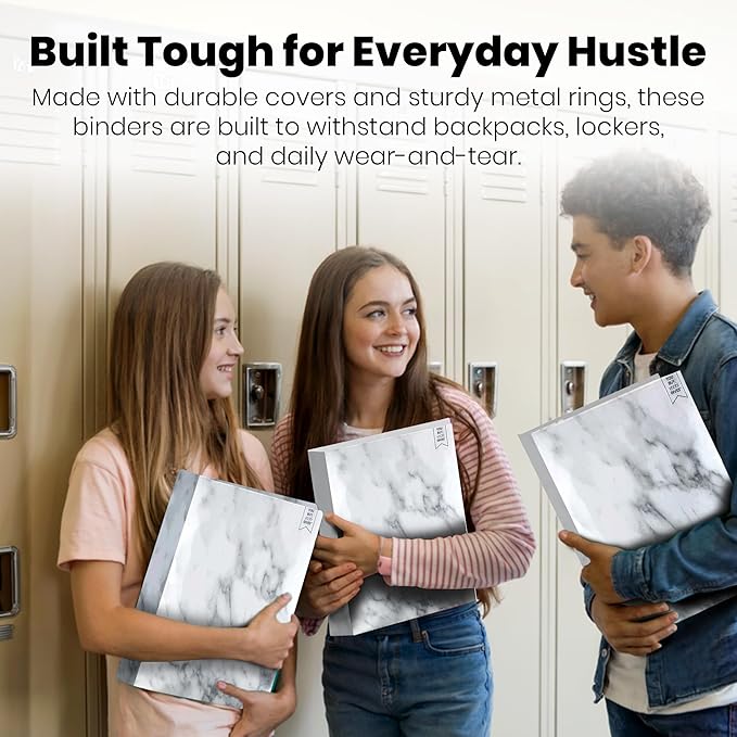 Yoobi 3 Ring Binders- Marble Design, Gray Color- 1 Inch Binder with Round D Rings and 2 Pockets, Durable, PVC-Free Organizer with 220 Sheets Capacity, 4- Pack with Plastic Cover for Office Supplies