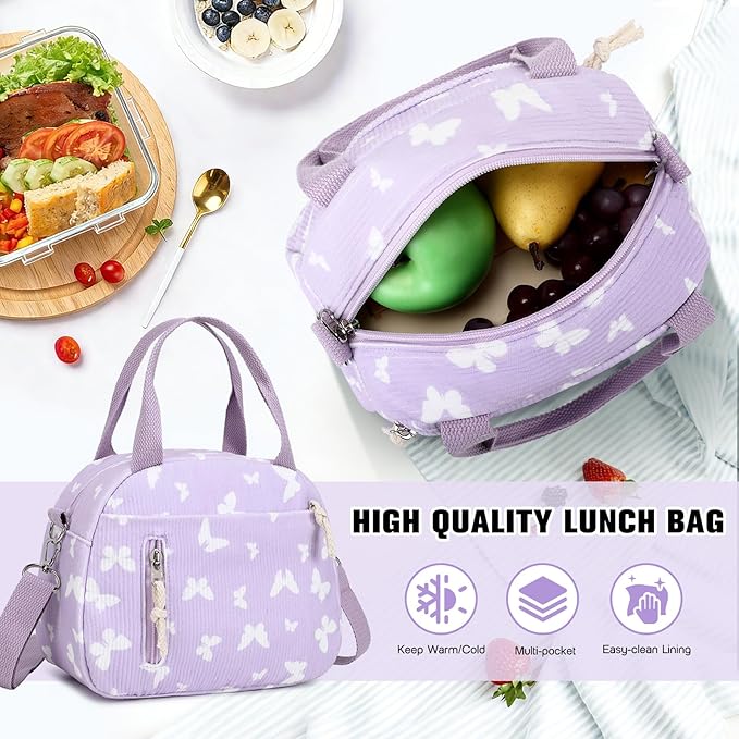Bevalsa Backpack for Gilrs, 3PCS Corduroy Kids Backpack Set with Lunch Box & Pencil Pouch, Bookbag Daypack Laptop Bag for Women Teens Elementary Middle High School