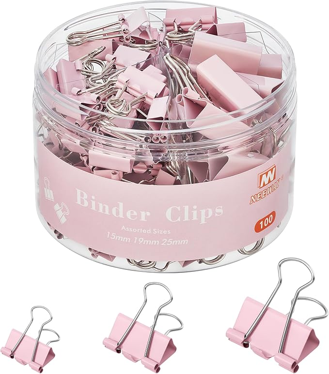 NEEWAY 100 Count Binder Clips Assorted Sizes, Paper Binder Clips (0.6inch 0.75inch 1inch), Metal Paper Clamps for Office and Home (Pink)