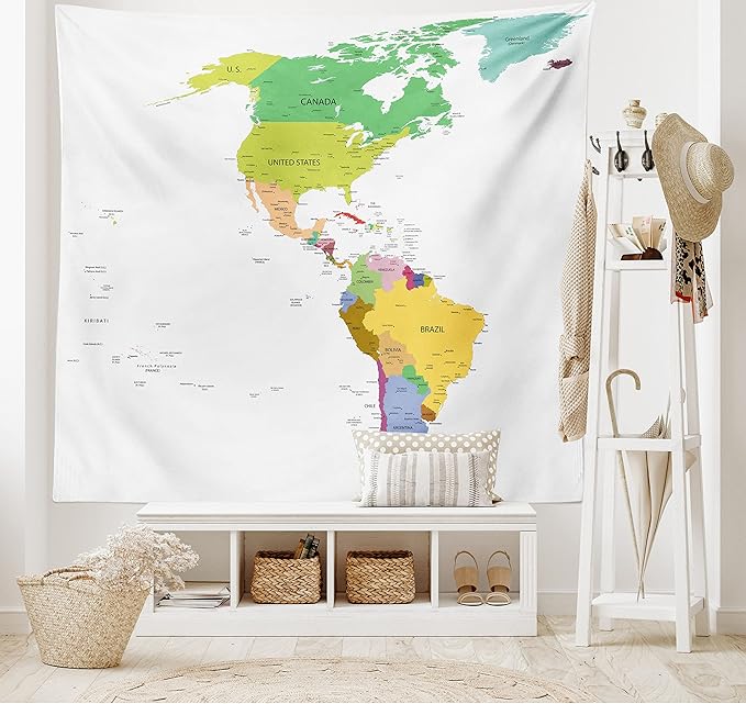 Ambesonne Map Tapestry King Size, Map of South and North America with Countries Capitals and Major Cities Colorful Design, Wall Hanging Bedspread Bed Cover Wall Decor, 104" X 88", Green White