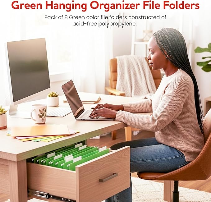 Green Hanging File Folders – 8 Pack, Letter Size File Organization Folders for Home, Office, School & Filing Cabinets