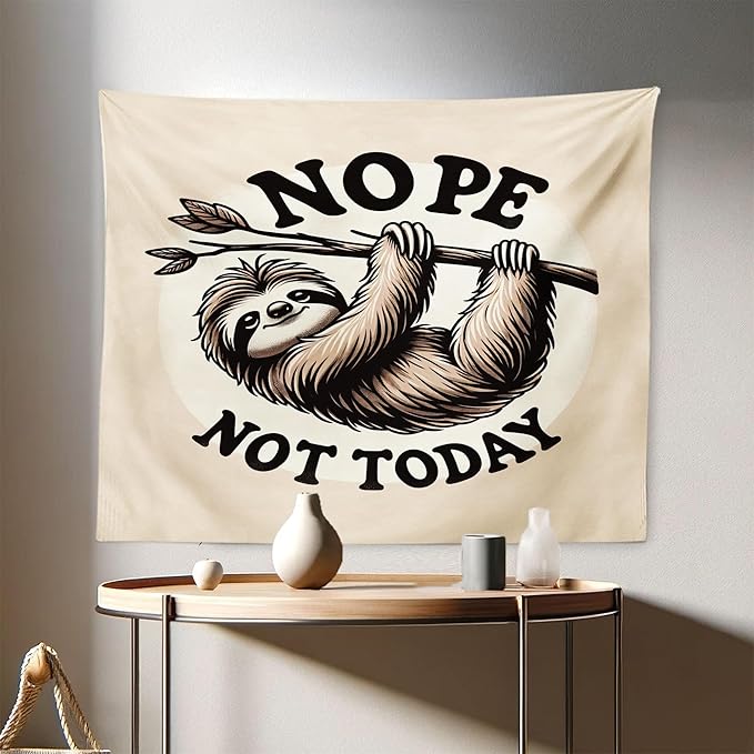 Ambesonne Funny Tapestry, Nope Not Today Saying with a Happy Sloth Hanging Down from a Branch, Fabric Wall Hanging Decor for Bedroom Living Room Dorm, 28" X 23", Eggshell Pale Brown Black