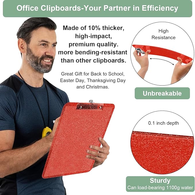 1 Pcs Clear Glitter Clipboards, Plastic Clipboard with Pen Holder,Size 8.85 x 12.4 in Shiny Clipboards with Low Profile Clip,Cute Hanging Clipboard for Office Supplies Sparkly Clip Board-Tangerine