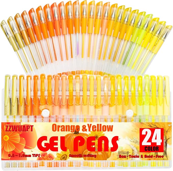 Orange Yellow Gel Pens,72 Color Gel Pens Set including 24 Color Gel Pen with 48 Refills,40% More Ink Colored Gel Pens for Drawing, Doodling, Scrapbook, Journaling