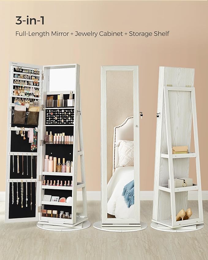 SONGMICS 360° Swivel Jewelry Cabinet, Lockable Jewelry Organizer with Full-Length Mirror, Rear Storage Shelves, Interior Mirror, Jewelry Armoire, Gift Idea, White with Gray Wood Grain UJJC006W01