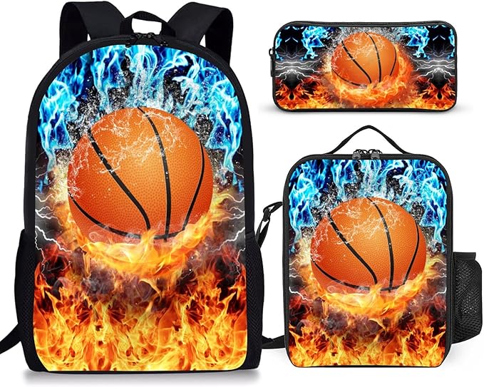 3PCS Basketball Backpack Set for Boys, Lightweight Large Backpack with Lunch Box & Pencil Case, Cool Sport Bookbag for Kids, Back to School Backpacks for Elementary & Middle School - 01