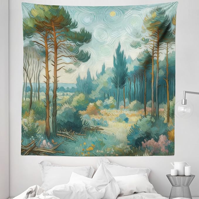 Ambesonne Forest Tapestry Queen Size, Trees Bushes Sky with Dramatic Brush Stroke Effects Post-Impressionism, Wall Hanging Bedspread Bed Cover Wall Decor, 88" X 88", Cadet Blue Green Amber