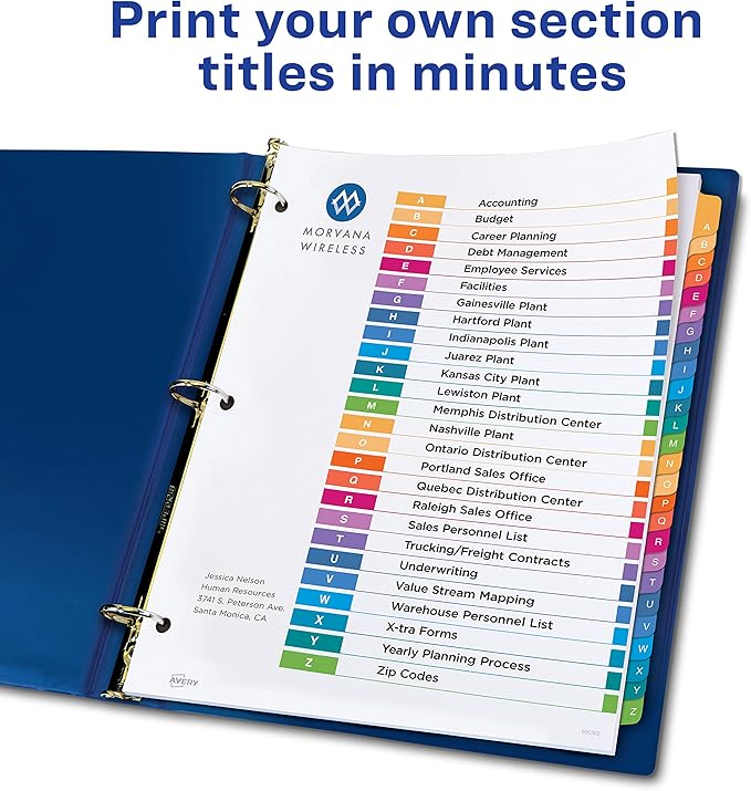 Avery A-Z Dividers for 3 Ring Binders, 26 Tabs per Set, Customizable Table of Contents, Multicolor Tabs, Great for Organizing Reports, Projects, and More (3 Sets of 44225)