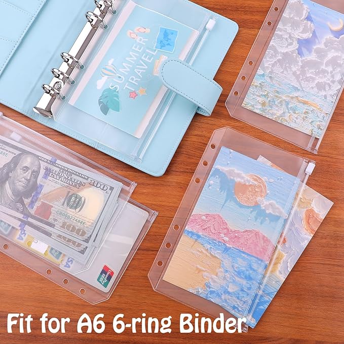 Antner 12pcs A6 Size Binder Pockets 6 Holes Budget Cash Envelopes for Budgeting, Clear Zipper Folders Loose Leaf Bags for A6 6-Ring Budget Binder, Waterproof PVC Document Pouch Filing Bags (Pack of 2)