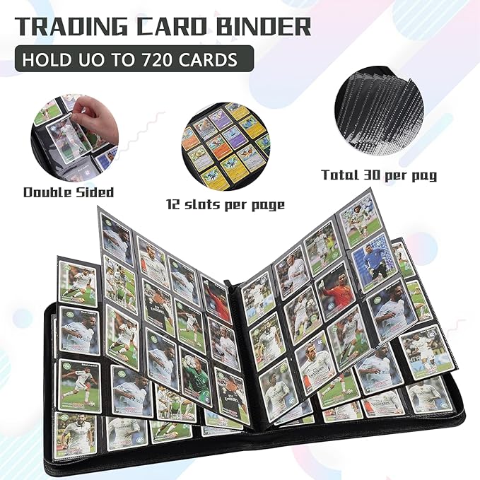 12 Pocket Card Binder,720 Pocket Trading Card Binder，Side Loading Collectible Card Albums for MTG, for TCG Football, Sports, Game Cards Black