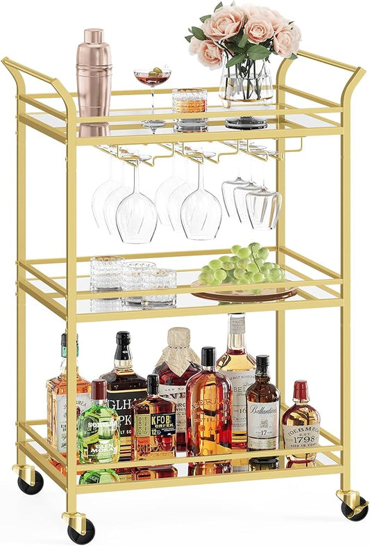 VASAGLE Bar Cart Gold, Small Home Bar Serving Cart with 3-Tier Mirrored Shelf, Wine Holders, Glass Holders, for Small Spaces, Kitchen, 15 x 23.6 x 36.2 Inches, Gold ULRC100A01
