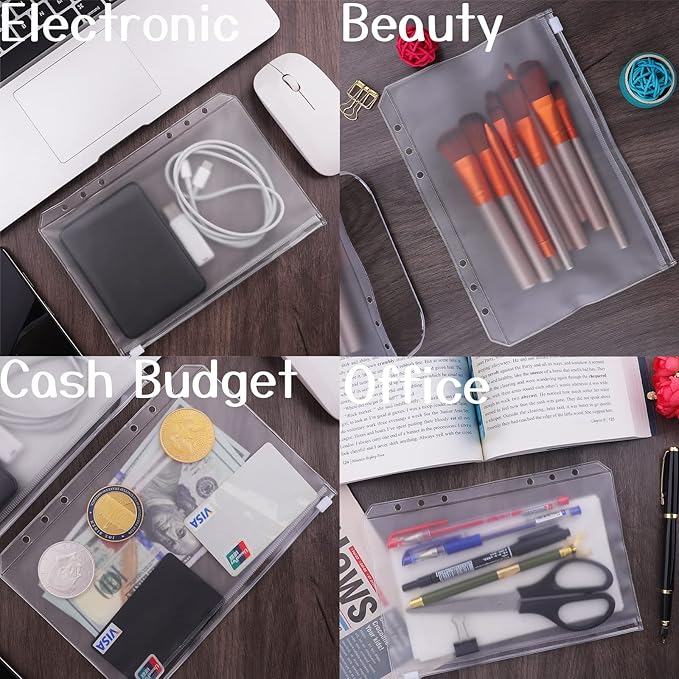 Antner 12PCS A5 Binder Pockets 6 Holes Budget Cash Envelopes for Budgeting, Clear Zipper Folders Planner Inserts Loose Leaf Bags Binder, Waterproof PVC Document Pouch Filing