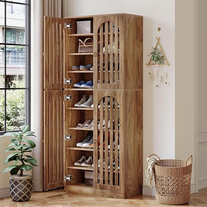 Tribesigns 70.86" Tall Shoe Storage Cabinet with Doors and Shelves, 9-Tier 27-36 Pairs Farmhouse Shoe Organizer Rack for Entryway Hallway Living Room, Closet, Brown