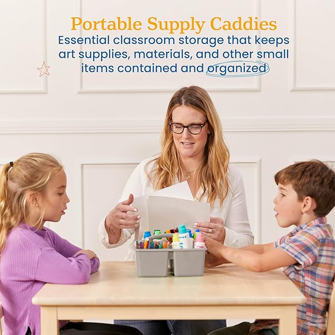 ECR4Kids 4-Compartment Medium Plastic Caddy, Multipurpose Organization, Grey, 6-Pack