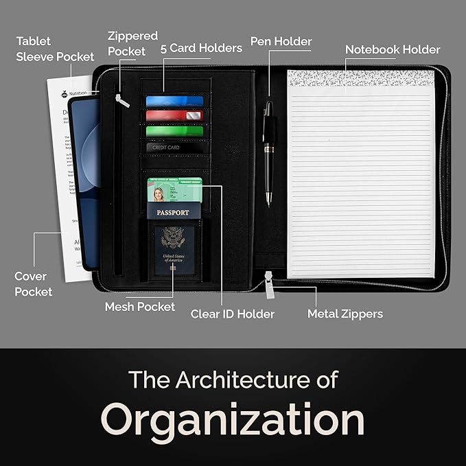 Black Zippered Leather Portfolio Binder - PU Leather Business Portfolio Organizer - Padfolio for Men & Women with US Letter Notepad, 10.5 Inch Tablet Pocket & Gift Box by Lautus Designs