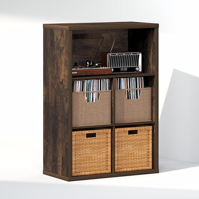 Furinno Cubicle Record Player Stand with Vinyl Storage, 5-Cube 1.2 Extra Thick Vinyl Record Storage, Open Back Media Shelf for CD DVD Blueray Game Disc, for Living Room, Home Office, Amber Pine
