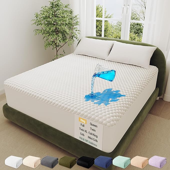 OhGeni 100% Waterproof Mattress Protector,King Size Mattress Soft Pad,Pet Hair & Bedwetting Resistant,Cooling Breathable Fitted Sheets,Washable Bed Cover,Non-Slip Deep Pocket,Noiseless for Bedroom