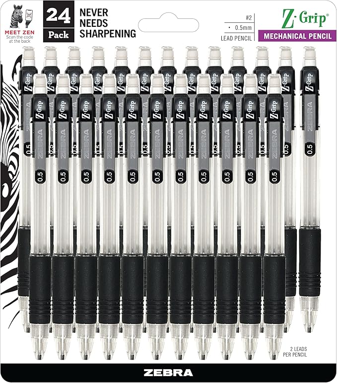 Zebra Pen, Z-Grip Mechanical Pencil, Smooth Writing, Latex-Free Grip, 0.5mm Lead, #2 HB, Pre-Loaded with Lead and Eraser, for School, Office, Everyday Use, Refillable, Clear Barrel, 24-Pack, (15301)