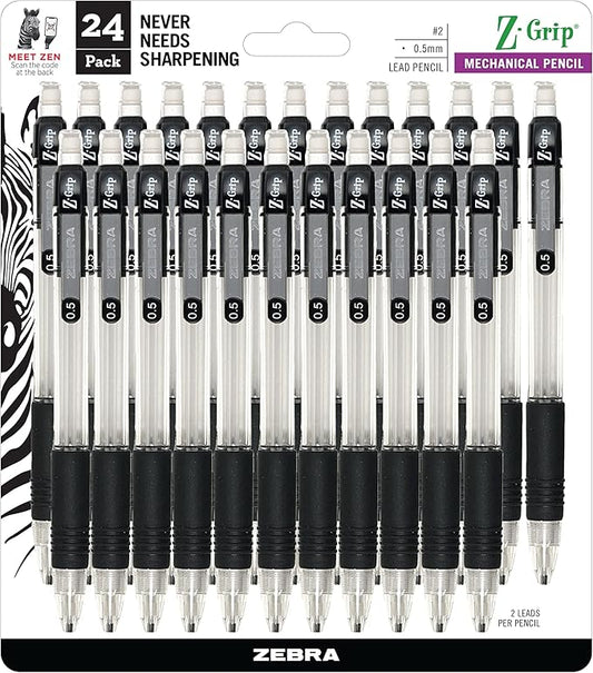 Zebra Pen, Z-Grip Mechanical Pencil, Smooth Writing, Latex-Free Grip, 0.5mm Lead, #2 HB, Pre-Loaded with Lead and Eraser, for School, Office, Everyday Use, Refillable, Clear Barrel, 24-Pack, (15301)