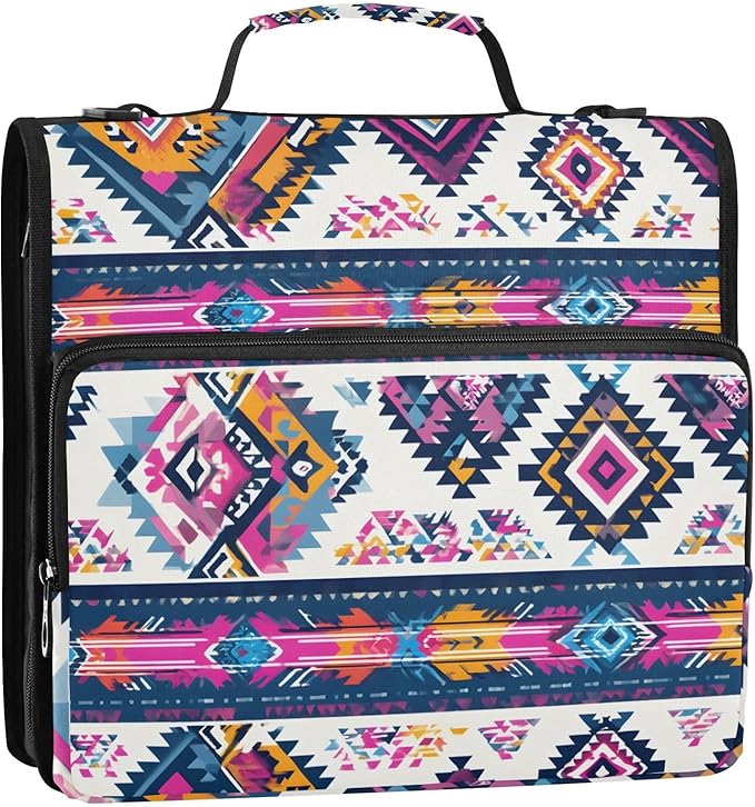 3 Ring Zipper Binder with Shoulder Strap Purple Ethic Aztec 1.5 inch Binders Keeper Large Capacity Multi Pockets for School Office Supplies