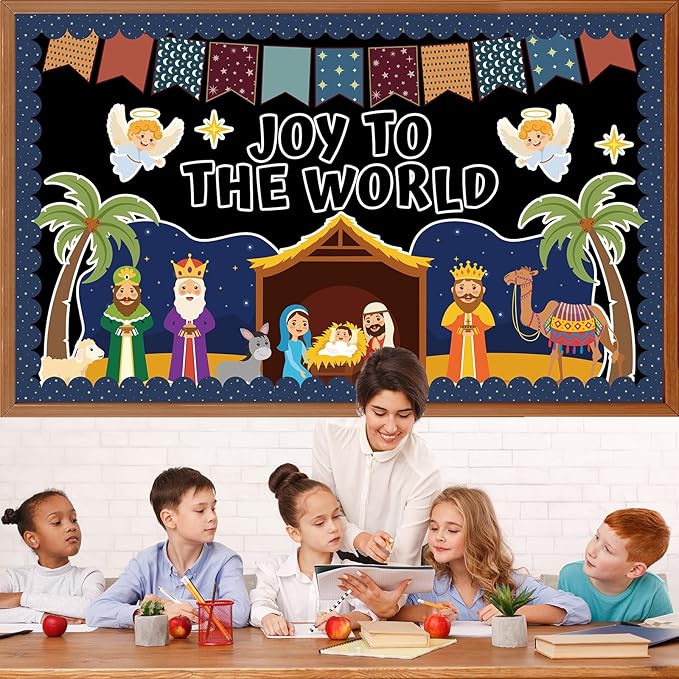 Christmas Nativity Scene Bulletin Board Set Christian Jesus Birth Classroom Decoration Joy to The World Bulletin Board Religious Paper Cutouts for Sunday School Classroom Church Chalkboard Wall Decor
