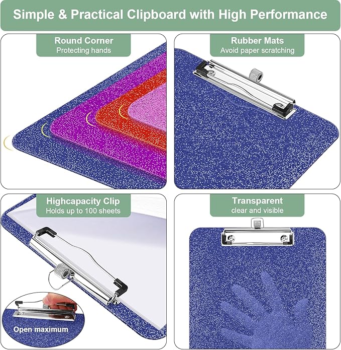 1 Pcs Clear Glitter Clipboards, Plastic Clipboard with Pen Holder,Size 8.85 x 12.4 in Shiny Clipboards with Low Profile Clip,Cute Hanging Clipboard for Office Supplies Sparkly Clip Board-Navy Blue