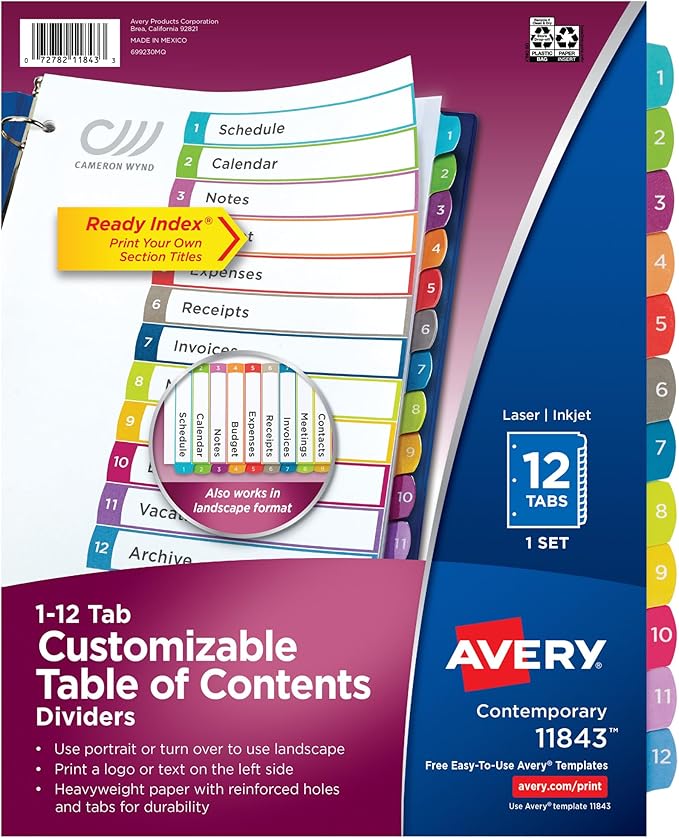 Avery Dividers for 3 Ring Binders, 12 Tabs per Set, Customizable Table of Contents, Multicolor Arched Tabs, Great for Organizing Reports, Projects, and More (24 Sets of 11843)