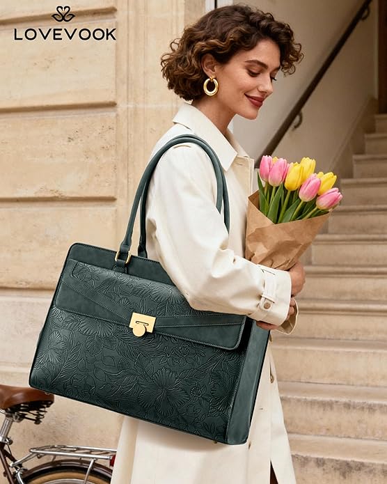 LOVEVOOK Laptop Tote Bag for Women - PU Leather Vintage Work Tote Bag,Waterproof Business Teacher Bag with Large Cup Holder