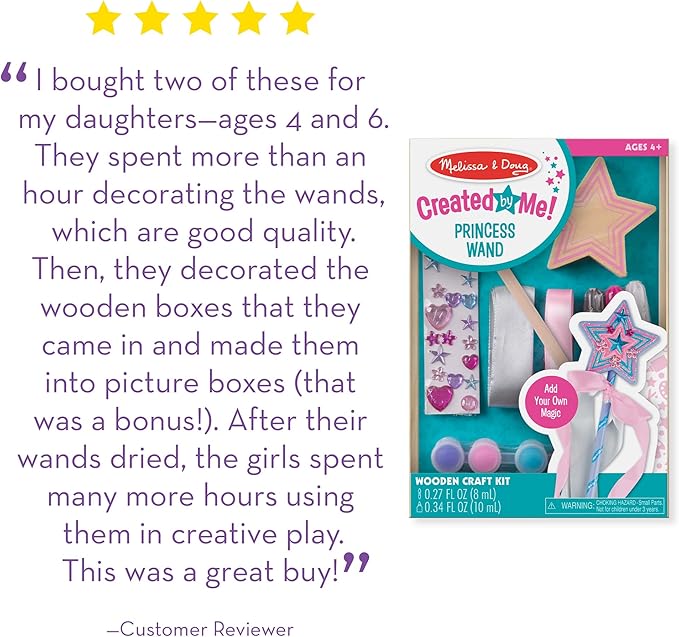 Melissa & Doug Created by Me! Wooden Princess Wand, Arts & Crafts Kit with Paint, Glitter Stickers, Ribbons & More, Princess Toys for Kids 4+