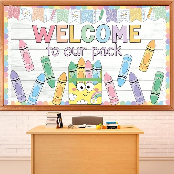 Pastel Welcome to Our Pack Bulletin Board Decoration Crayons Back to School Board Set Notebook Crayon Theme Paper Cutouts Welcome Classroom Supplies for School Office Chalkboard Walls Door Decor
