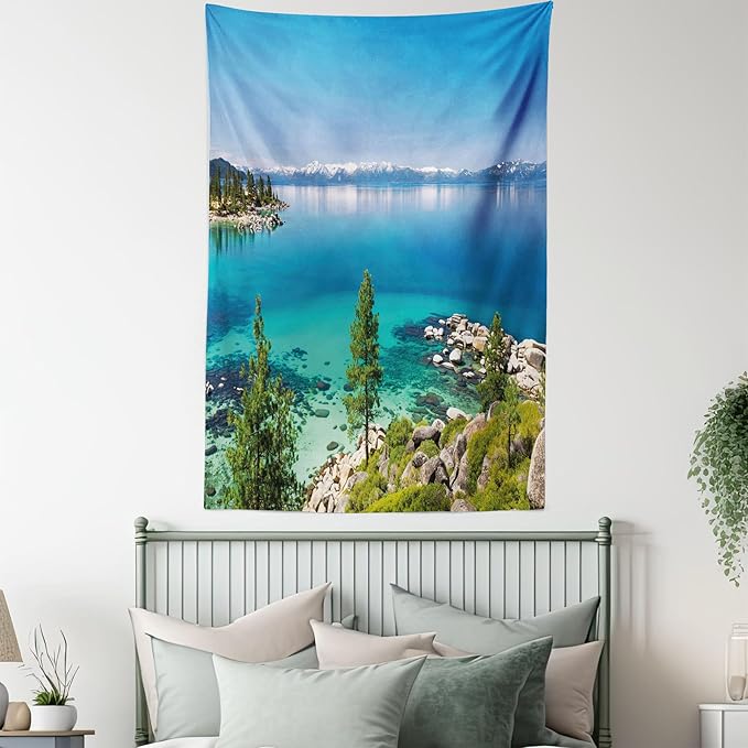 Ambesonne Blue Tapestry Twin Size, Tranquil View of Lake Tahoe Sierra Pines on Rocks with Turquoise Waters Shoreline, Wall Hanging Bedspread Bed Cover Wall Decor, 68" X 88", Blue Grey Green