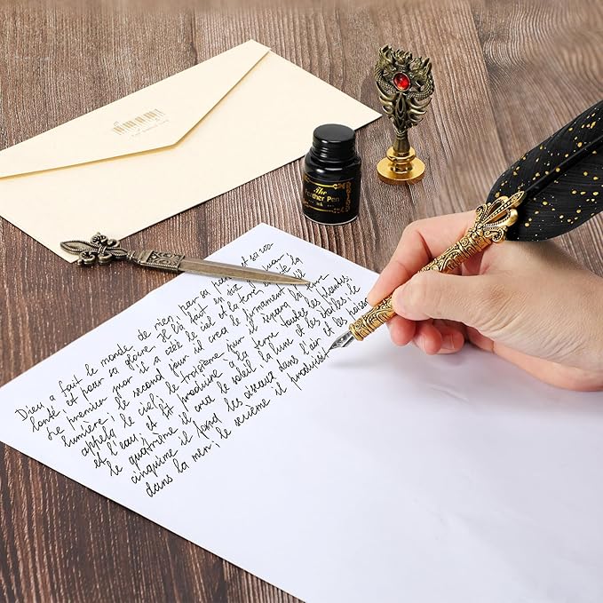 Quill Pen and Ink Set - Feather Calligraphy Dip Pen with Wax Seal Stamp Kit and 5 Nibs (Black)