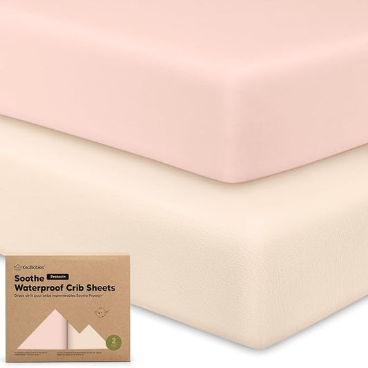 2-Pack Waterproof Crib Sheets for Boys, Girls - 52x28 Fitted Organic Cotton Baby Crib Sheets, Toddler Mattress Protector Cover, Washable, Soft & Durable Baby Bedding Essentials (Cameo)