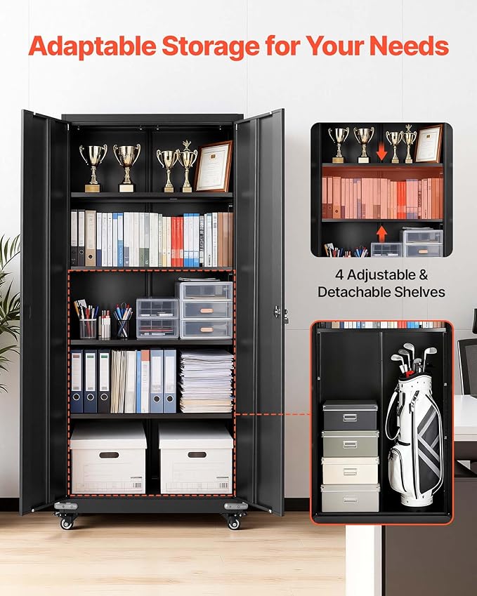 VEVOR Metal Storage Cabinet, 72.6 in Rolling Steel Garage Cabinet with 4 Adjustable Shelves, 2 Magnetic Doors & 2 Keys, 5 Tiers Lockable Tool Storage for Pantry, Warehouse, Basement, Office, Black