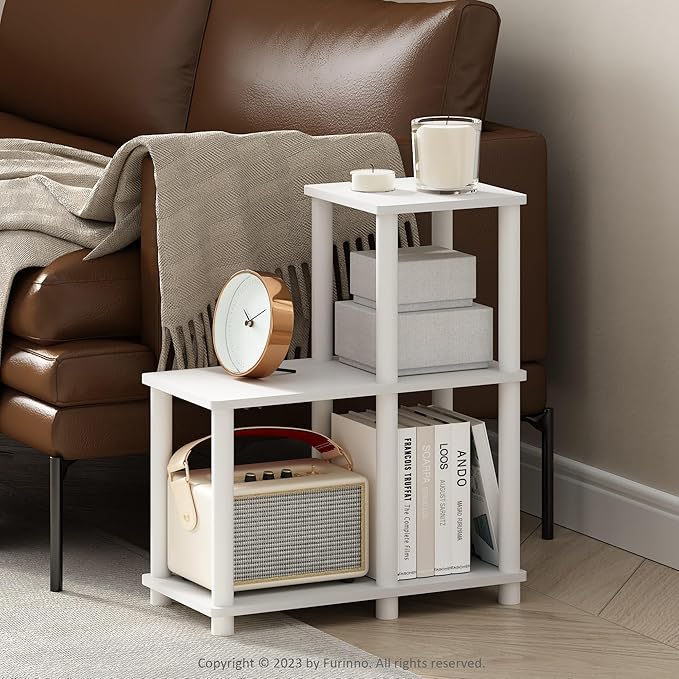 Furinno Turn-N-Tube Storage Shelves, 2-Tier Ladder Shape Book Shelf with Open Frame Design, 5-Cube Corner Shelf, Toolless Open Shelves, Living Room, Garage, Home Office, White