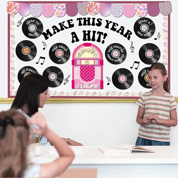 Vintage Record Bulletin Board Set Mental Health Classroom Decoration Music Retro Purple Writable Paper Cutout Make This Year A Hit Bulletin Board for Back to School Office Nursery Home Wall Door Decor