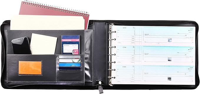 2Fold Zippered Business Checkbook Binder - 7 Ring Binder for Business Checks with Built-in Organizer and Card Case - PU Leather Portfolio for up to 600 3-Up Checks (Gray)
