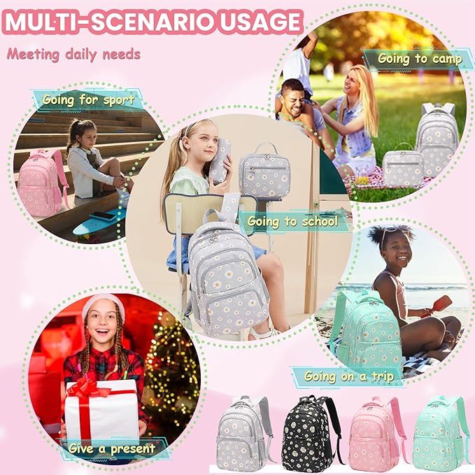YJMKOI 3Pcs Daisy Prints Backpack for Girls Middle-School Elementary Students Bookbag Set with Lunch Box (Black)