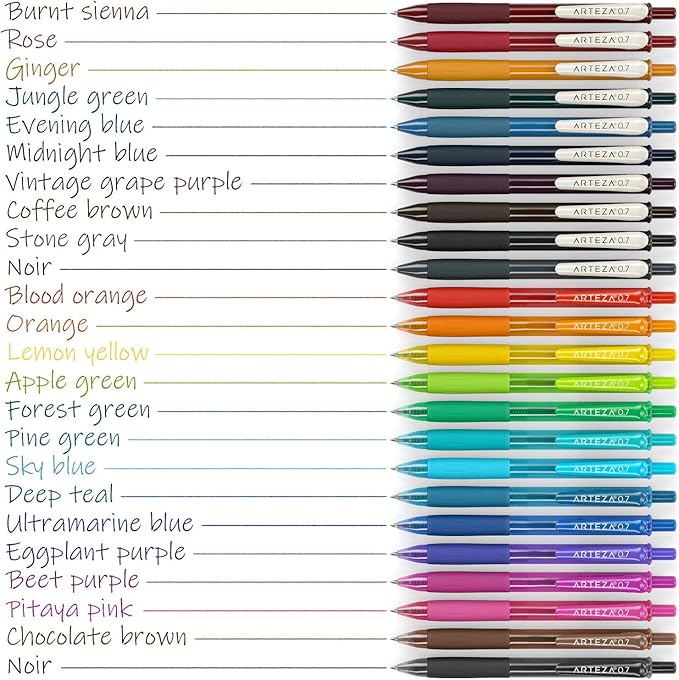 Arteza Colored Gel Pens, Pack of 24, 10 Vintage and 14 Vibrant Colors, Fine 0.7 mm Tip, Retractable, Art Supplies for Journaling, Drawing, Doodling, and Notetaking
