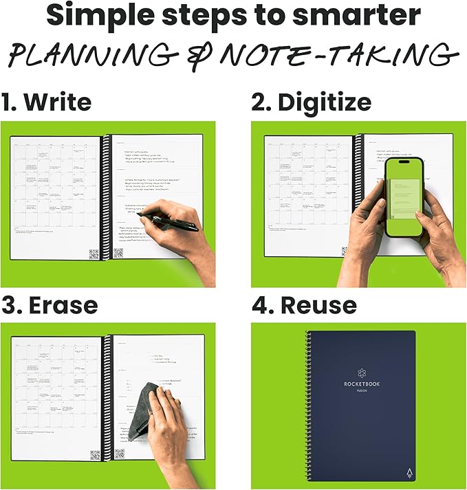 Rocketbook Fusion Hybrid Reusable Planner and Notebook in One, Additional Blank Pages, Goal and Project Tracker, Undated Planner, Letter Size 8.5x11, Blue (Pack of 1)
