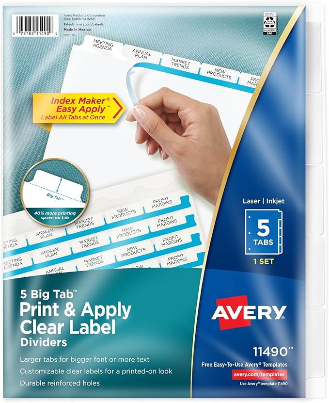 Avery 5 Big Tab Dividers for 3 Ring Binder, Easy Print & Apply Clear Label Strip, Index Maker Customizable White Tabs, 1 Set (11490) (Pack of 6)