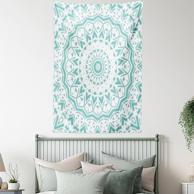 Ambesonne Aqua Tapestry, Mandala Tie Dye Effect Floral Leaves Seem Design Image Art Print, Wall Hanging for Bedroom Living Room Dorm Decor, 40" X 60", Sea Green White