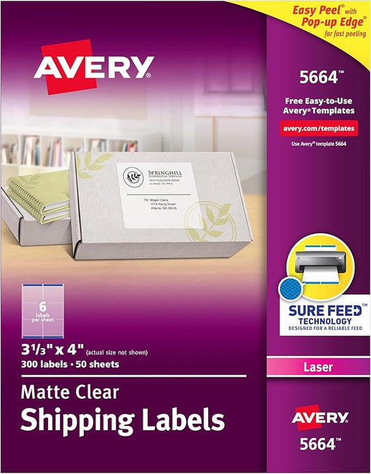 Avery Printable Shipping Labels with Sure Feed, 3-1/3" x 4", Matte Clear, 300 Blank Mailing Labels (5664)