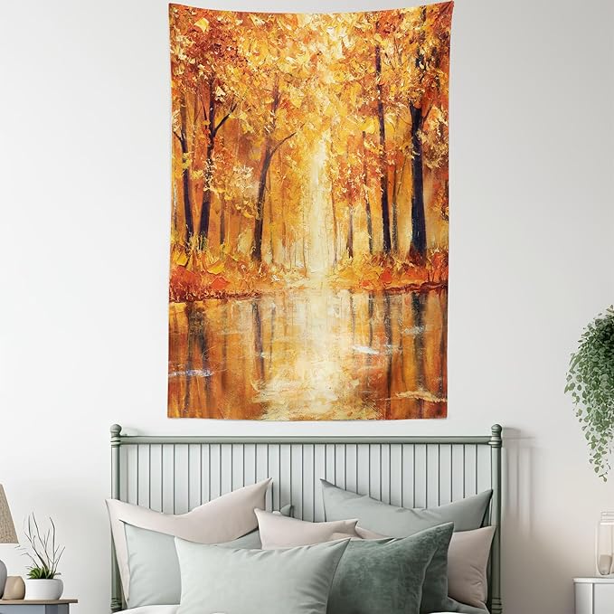Ambesonne Country Tapestry, Painting of a Forest by the Small Lake in Autumn Pale Fall Trees and Leaves Art, Fabric Wall Hanging Decor for Bedroom Living Room Dorm, 30" X 45", Orange Brown