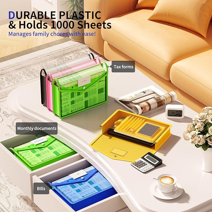 7 Pack Plastic Expanding File Folder, Transparent envelopes with Snap Closure, No Dividers, Large Capacity, Fit Legal/B4 Size for School, Office, Home, Hospital, 7 Colors