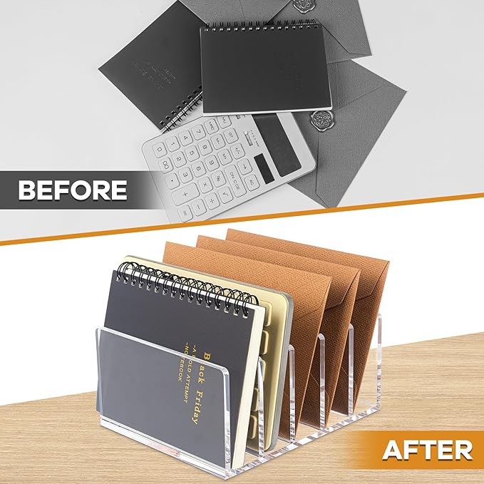 Acrylic Mail Organizer File Sorters for Desk,5-Section Laddered Desktop Vertical Letter Holder,Desk Organizer Workspace Organizer