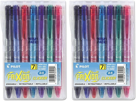 PILOT FriXion Clicker Erasable Gel Pens,Extra Fine Point 0.5 mm,Assorted Colors,7 Count (Pack of 2)