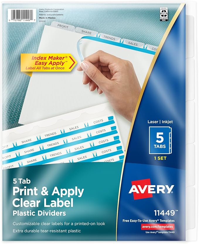 Avery 5 Tab Plastic Dividers for 3 Ring Binder, Easy Print & Apply Clear Label Strip, Index Maker Customizable Frosted White Tabs, 1 Set (11449)