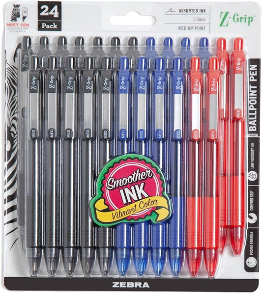 Zebra Pen Z-Grip Retractable Ballpoint Pen, 1.0mm Medium Point, Assorted Business Colors, School & Office Supplies, Ideal for Note-Taking, Journal and Planner Use, 24-Pack (12224)