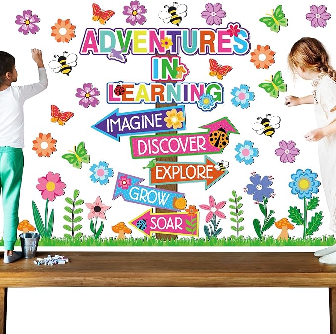 56 Spring Piece Adventures in Reading Bulletin Board Classroom Decoration Flower Signpost Paper Cutouts Supplies Colorful Floral Bulletin Board Decorations for Spring Classroom Wall Door Flower Decor